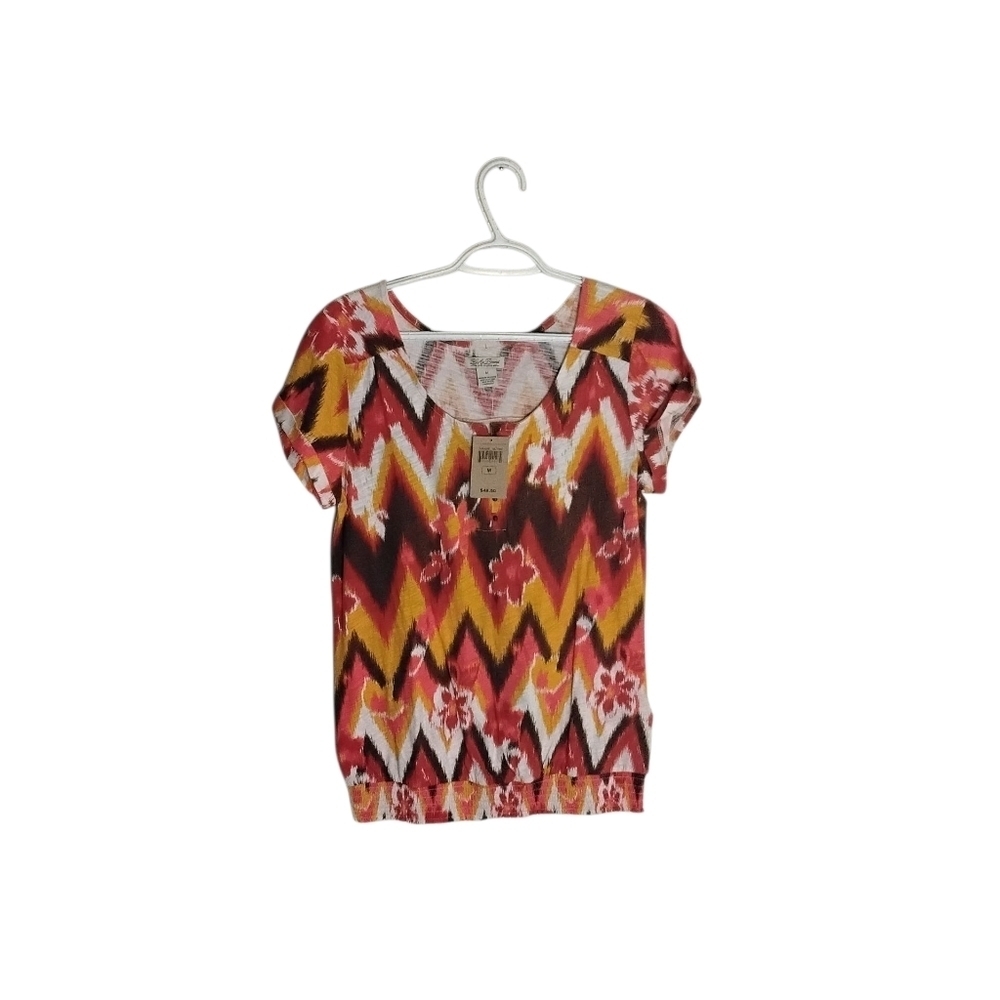 Lucky Brand Women's M Red Orange Brown Short Sleeve Elastic Pull-over Top